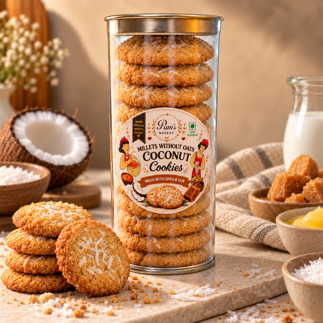 Millets Without Oats Coconut Cookies (Made With Ghee & Gur ) - Image 3